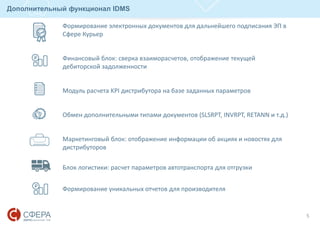 Дополнительный функционал IDMS
5
Формирование электронных документов для дальнейшего подписания ЭП в
Сфере Курьер
Финансовый блок: сверка взаиморасчетов, отображение текущей
дебиторской задолженности
Модуль расчета KPI дистрибутора на базе заданных параметров
Обмен дополнительными типами документов (SLSRPT, INVRPT, RETANN и т.д.)
Маркетинговый блок: отображение информации об акциях и новостях для
дистрибуторов
Блок логистики: расчет параметров автотранспорта для отгрузки
Формирование уникальных отчетов для производителя
 