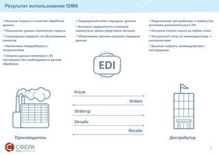 Результат использования IDMS
7
Производитель Дистрибутор
Pricat
Orders
Desadv
Recadv
Ordersp
Высокая скорость и качество обработки
данных
Повышение уровня клиентского сервиса
Сокращение издержек на обслуживание
клиентов
Увеличение товарооборота с
покупателями
Загрузка данных напрямую в УС
поставщика без необходимости ручной
обработки
Защищенный канал передачи данных
Контроль корректности основных
параметров заказа средствами системы
Объективная система контроля передачи
данных
Подключение дистрибутора к сервису без
установки дополнительного ПО
Контроль статуса заказа на любом этапе
Актуальный статус по взаиморасчетам с
контрагентами
Высокая скорость взаимодействия с
поставщиком
 