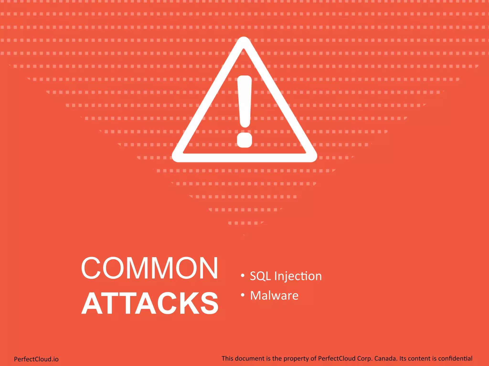COMMON 
ATTACKS 
• SQL 
Injec;on 
• Malware 
PerfectCloud.io 
This 
document 
is 
the 
property 
of 
PerfectCloud 
Corp. 
Canada. 
Its 
content 
is 
confiden;al 
 
