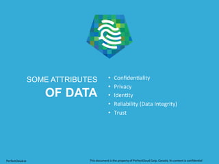 SOME ATTRIBUTES 
OF DATA 
• 
Confiden;ality 
• 
Privacy 
• 
Iden;ty 
• 
Reliability 
(Data 
Integrity) 
• 
Trust 
PerfectCloud.io 
This 
document 
is 
the 
property 
of 
PerfectCloud 
Corp. 
Canada. 
Its 
content 
is 
confiden;al 
 