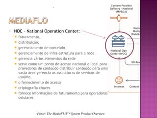.



NOC – National Operation Center:











faturamento,
distribuição,
gerenciamento de conteúdo
gerenciamento de infra-estrutura para a rede.
gerencia vários elementos da rede
serve como um ponto de acesso nacional e local para
provedores de conteúdo distribuir conteúdo para uma
vasta área gerencia as assinaturas de serviços de
usuário,
o fornecimento de acesso
criptografia chaves
fornece informações de faturamento para operadoras
celulares

Fonte: The MediaFLO™ System Product Overview

 