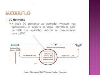 .



3G Networks
 A rede 3G pertence ao operador wireless (ou
operadoras) e suporta serviços interativos para
permitir que aparelhos móveis se comuniquem
com o NOC.

Fonte: The MediaFLO™ System Product Overview

 
