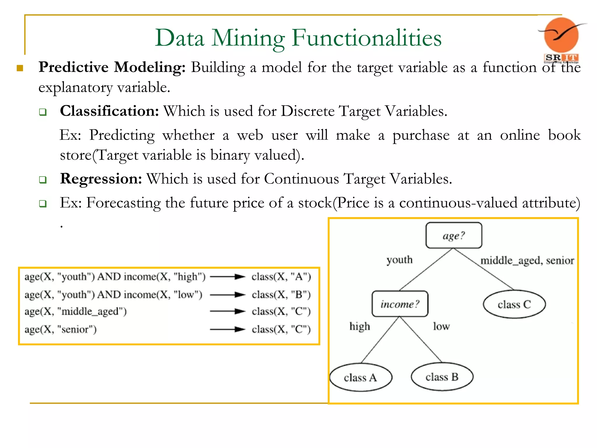 Data Mining Functionalities
 Predictive Modeling: Building a model for the target variable as a function of the
explanatory variable.
 Classification: Which is used for Discrete Target Variables.
Ex: Predicting whether a web user will make a purchase at an online book
store(Target variable is binary valued).
 Regression: Which is used for Continuous Target Variables.
 Ex: Forecasting the future price of a stock(Price is a continuous-valued attribute)
.
 