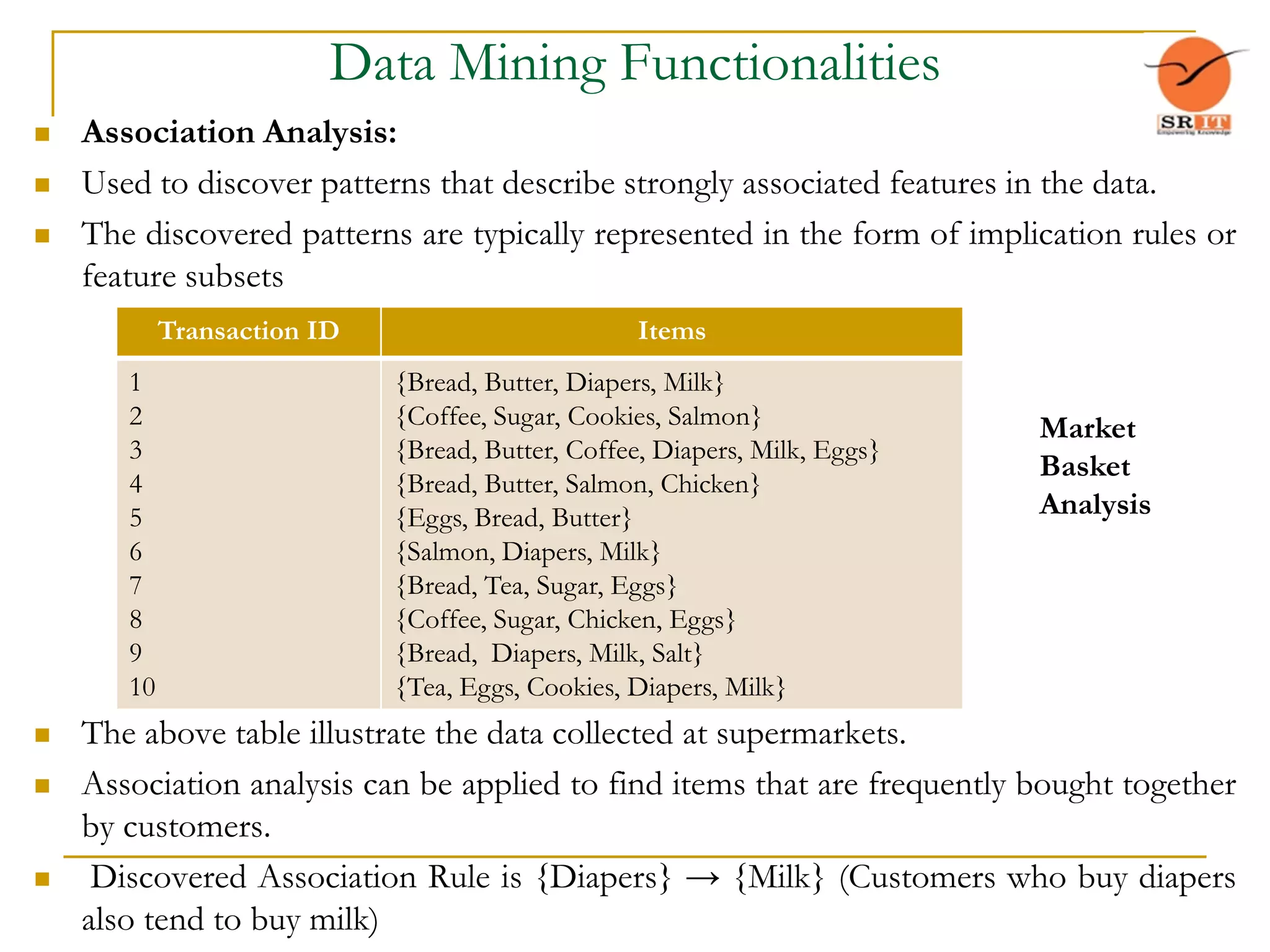 Data Mining Functionalities
 Association Analysis:
 Used to discover patterns that describe strongly associated features in the data.
 The discovered patterns are typically represented in the form of implication rules or
feature subsets
 The above table illustrate the data collected at supermarkets.
 Association analysis can be applied to find items that are frequently bought together
by customers.
 Discovered Association Rule is {Diapers} → {Milk} (Customers who buy diapers
also tend to buy milk)
Transaction ID Items
1
2
3
4
5
6
7
8
9
10
{Bread, Butter, Diapers, Milk}
{Coffee, Sugar, Cookies, Salmon}
{Bread, Butter, Coffee, Diapers, Milk, Eggs}
{Bread, Butter, Salmon, Chicken}
{Eggs, Bread, Butter}
{Salmon, Diapers, Milk}
{Bread, Tea, Sugar, Eggs}
{Coffee, Sugar, Chicken, Eggs}
{Bread, Diapers, Milk, Salt}
{Tea, Eggs, Cookies, Diapers, Milk}
Market
Basket
Analysis
 