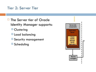 Tier 2: Server Tier The Server tier of Oracle Identity Manager supports: Clustering Load balancing Security management Scheduling 