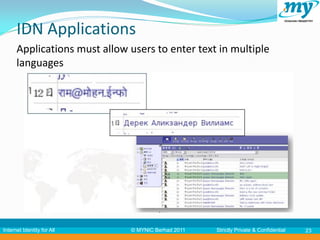 IDN Applications
      Applications must allow users to enter text in multiple
      languages




Internet Identity for All     © MYNIC Berhad 2011   Strictly Private & Confidential   23
 