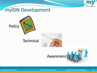 myIDN Development

            Policy


                            Technical


                                                Awareness

Internet Identity for All               © MYNIC Berhad 2011   Strictly Private & Confidential   37
 