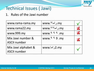 Technical Issues ( Jawi)
       1. Rules of the Jawi number

          www.rama-rama.my          www.٢‫.راما‬my
          www.rama22.my             www.٢٢‫.راما‬my
          www.999.my                www.۹ ۹ ۹ .my
          Mix Jawi number &         www.۹ ۹ 9 .my
          ASCII number
          Mix Jawi alphabet &       www.‫.2راما‬my
          ASCII number



Internet Identity for All       © MYNIC Berhad 2011   Strictly Private & Confidential   45
 