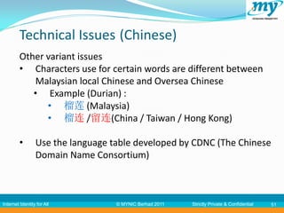 Technical Issues (Chinese)
         Other variant issues
         • Characters use for certain words are different between
            Malaysian local Chinese and Oversea Chinese
            • Example (Durian) :
               • 榴莲 (Malaysia)
               • 榴连 /留连(China / Taiwan / Hong Kong)

         •       Use the language table developed by CDNC (The Chinese
                 Domain Name Consortium)



Internet Identity for All          © MYNIC Berhad 2011   Strictly Private & Confidential   51
 