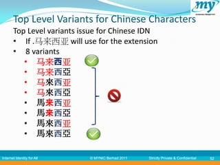 Top Level Variants for Chinese Characters
       Top Level variants issue for Chinese IDN
       • If .马来西亚 will use for the extension
       • 8 variants
          • 马来西亚
          • 马来西亞
          • 马來西亚
          • 马來西亞
          • 馬来西亚
          • 馬来西亞
          • 馬來西亚
          • 馬來西亞

Internet Identity for All   © MYNIC Berhad 2011   Strictly Private & Confidential   52
 