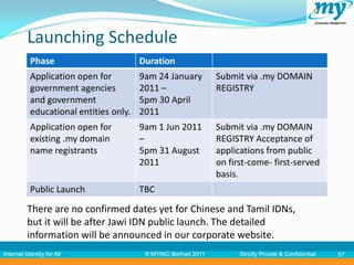 Launching Schedule
           Phase                        Duration
           Application open for         9am 24 January         Submit via .my DOMAIN
           government agencies          2011 –                 REGISTRY
           and government               5pm 30 April
           educational entities only.   2011
           Application open for         9am 1 Jun 2011         Submit via .my DOMAIN
           existing .my domain          –                      REGISTRY Acceptance of
           name registrants             5pm 31 August          applications from public
                                        2011                   on first-come- first-served
                                                               basis.
           Public Launch                TBC

          There are no confirmed dates yet for Chinese and Tamil IDNs,
          but it will be after Jawi IDN public launch. The detailed
          information will be announced in our corporate website.
Internet Identity for All                © MYNIC Berhad 2011         Strictly Private & Confidential   57
 