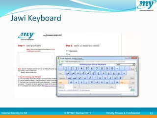 Jawi Keyboard




Internet Identity for All   © MYNIC Berhad 2011   Strictly Private & Confidential   63
 