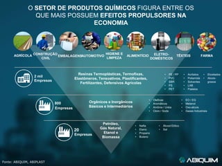 Fonte: ABIQUIM, ABIPLAST
O SETOR DE PRODUTOS QUÍMICOS FIGURA ENTRE OS
QUE MAIS POSSUEM EFEITOS PROPULSORES NA
ECONOMIA
Resinas Termoplásticas, Termofixas,
Elastômeros, Tensoativos, Plastificantes,
Fertilizantes, Defensivos Agrícolas
• PE / PP
• PVC
• SBR
• PS
• PET
• Acrilatos
• Poliamida
• Solventes
• LAB
• Ftalatos
Empresas
2 mil
• Etoxilados
• Alcois-
graxos
Orgânicos e Inorgânicos
Básicos e Intermediários
• Olefinas
• Aromáticos
• Amônia / Uréia
• Cloro / Soda
• EO / EG
• Metanol
• Oxo-alcois
• Gases Industriais
Empresas
800
Petróleo,
Gás Natural,
Etanol e
Biomassa
• Nafta
• Etano
• Propano
• Butano
Empresas
20
• Álcool Etílico
• Sal
AGRÍCOLA CONSTRUÇÃO
CIVIL
AUTOMOTIVO ALIMENTÍCIO ELETRO-
DOMÉSTICOS
TÊXTEIS FARMA
HIGIENE E
LIMPEZA
EMBALAGENS
 