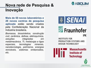Nova rede de Pesquisa &
Inovação
Mais de 50 novos laboratórios e
26 novos centros de pesquisa
aplicada estão sendo criados
pela Confederação Nacional da
Indústria brasileira.
Biomassa, biossintetica, construção
civil, cerâmica, defesa, eletroquímica,
soluções integradas em
metalmecânica, TI, metalurgia e ligas
especiais, tecnologias minerais,
nanotecnologia, polímeros, energias
reniváveis, sistemas embarcados,
etc.
 