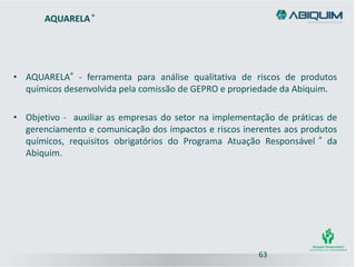 AQUARELA®
63
• AQUARELA® - ferramenta para análise qualitativa de riscos de produtos
químicos desenvolvida pela comissão de GEPRO e propriedade da Abiquim.
• Objetivo - auxiliar as empresas do setor na implementação de práticas de
gerenciamento e comunicação dos impactos e riscos inerentes aos produtos
químicos, requisitos obrigatórios do Programa Atuação Responsável ® da
Abiquim.
 