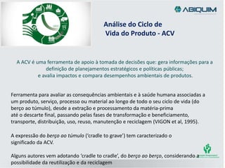 A ACV é uma ferramenta de apoio à tomada de decisões que: gera informações para a
definição de planejamentos estratégicos e políticas públicas;
e avalia impactos e compara desempenhos ambientais de produtos.
Análise do Ciclo de
Vida do Produto - ACV
Ferramenta para avaliar as consequências ambientais e à saúde humana associadas a
um produto, serviço, processo ou material ao longo de todo o seu ciclo de vida (do
berço ao túmulo), desde a extração e processamento da matéria‐prima
até o descarte final, passando pelas fases de transformação e beneficiamento,
transporte, distribuição, uso, reuso, manutenção e reciclagem (VIGON et al, 1995).
A expressão do berço ao túmulo (‘cradle to grave’) tem caracterizado o
significado da ACV.
Alguns autores vem adotando ‘cradle to cradle’, do berço ao berço, considerando a
possibilidade da reutilização e da reciclagem
 