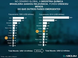 Fontes: ACC, Cefic e Abiquim
NO CENÁRIO GLOBAL, A INDÚSTRIA QUÍMICA
BRASILEIRA GANHOU RELEVÂNCIA, PORÉM CRESCEU
MENOS
DO QUE OUTROS PAÍSES EMERGENTES
+6 % a.a.
Faturamento 1995 (US$ bilhões) Faturamento 2014 (US$ bilhões)
Total Mundo: US$ 5,2 trilhõesTotal Mundo: US$ 1,6 trilhões
28
31
33
41
49
58
67
70
85
148
279
377
Índia
Bélgica
Espanha
Brasil
Coréia
China
Itália
Reino Unido
França
Alemanha
Japão
EUA
90
102
103
139
145
147
185
245
291
801
1831
Taiwan
Itália
Reino Unido
Índia
França
Brasil
Coréia
Alemanha
Japão
EUA
China
9°
6°
 