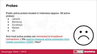 Probes
Public active probes located in Indonesia (approx. 90 active
probes)
! Jakarta
! Bandung
! Surabaya
! Medan
! etc
And most active probes are connected to broadband
connections :( We need to measure active connection from
mobile connection (GSM). How?
Dewangga Alam - 2018
 