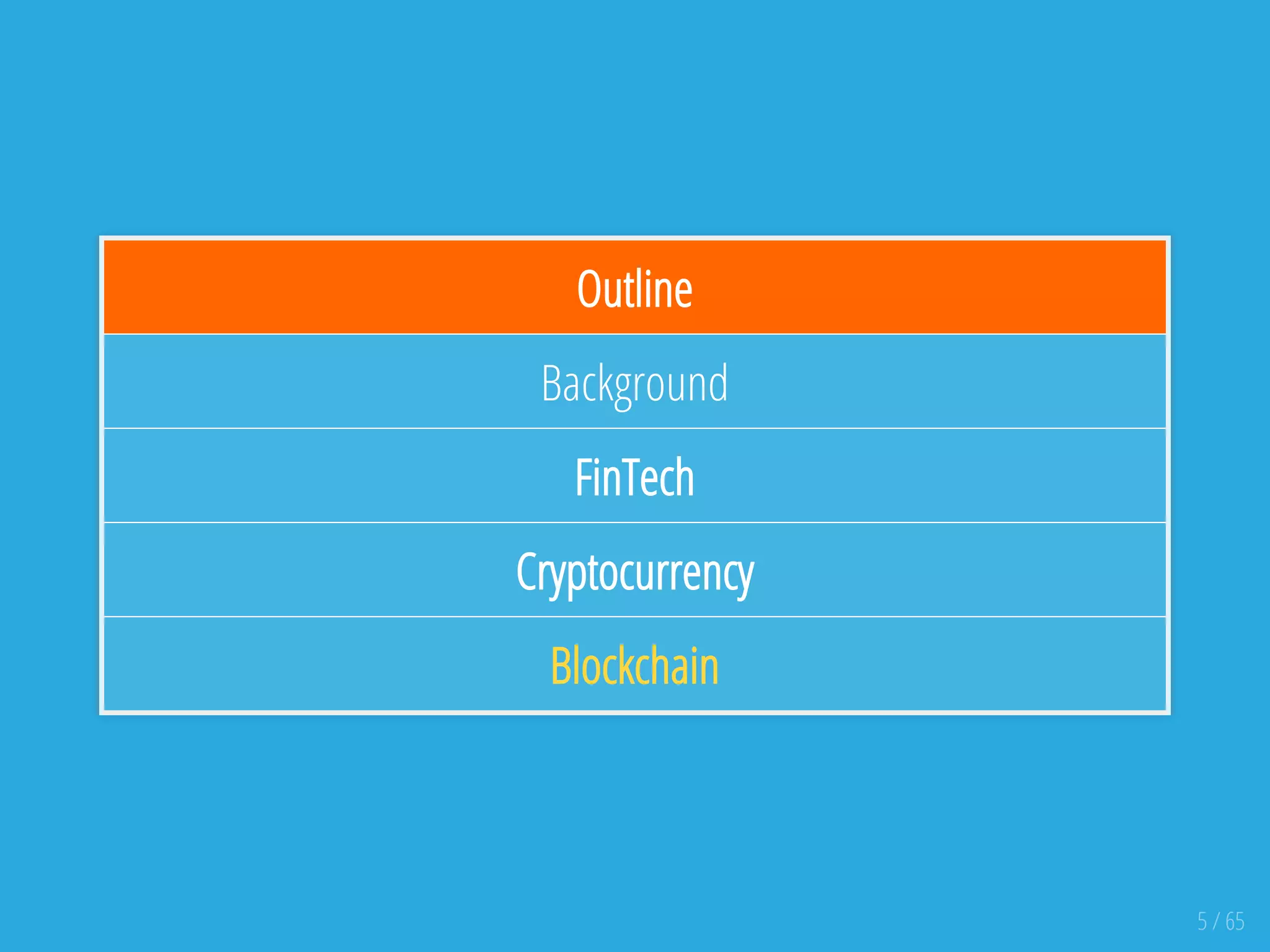 Outline
Background
FinTech
Cryptocurrency
Blockchain
5 / 65
 