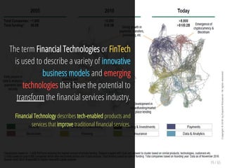 19 / 65
The term Financial Technologies or FinTech
is used to describe a variety of innovative
business models and emerging
technologies that have the potential to
transform the nancial services industry.
Financial Technology describes tech-enabled products and
services that improve traditional nancial services.
 