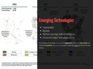 21 / 65
Emerging Technologies
Cryptography
Big-Data
Machine Learning/ Arti cial Intelligence
Distributed Ledger Technologies (DLTs)
Such emerging technologies can be used to supplement both FinTech new entrants and
traditional incumbents, and carry the potential to materially change the nancial services
industry.
 