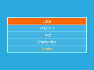 Outline
Background
FinTech
Cryptocurrency
Blockchain
5 / 65
 