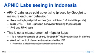 3
3
APNIC Labs seeing in Indonesia
• APNIC Labs uses paid advertising (placed by Google) to
measure end-user behaviour
– U...