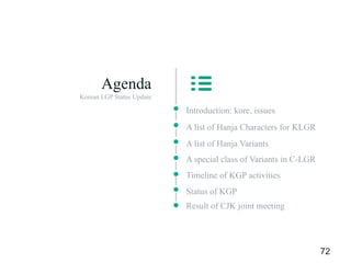 Introduction: kore, issues
A list of Hanja Characters for KLGR
A list of Hanja Variants
A special class of Variants in C-LGR
Timeline of KGP activities
Status of KGP
Result of CJK joint meeting
Agenda
Korean LGP Status Update
72
 