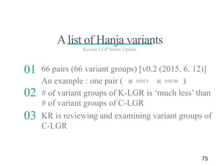  
Both Hangeul and Hanaja will be included
RE : Hanja (Hanzi, Han) : coordination among
CJK.
•  Hanja repertoire
•  Hanja Variants
•  Special class of Hanja Variants in C-LGR
•  Review of variants in C-LGR
•  Timeline of KGP activities
01	
 