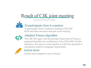  
Source of
Hanja Character Set # Chars
1) KS X 1001 4,888
2) KPS 9566 4,653
3) IICORE-K column marked 4,743
4) IICORE-KP column marked 4,653
5) Qualifying Examination of Korean Hanja
Proficiency
5,940
Union of 1) ~5)
[Hanja list v0.1 (2015. 5. 11)]
6,046
Missing in MSR-1 -29
[Hanja list v0.2 (2015. 6. 12)]
6,017
74
Korean LGP Status Update
 