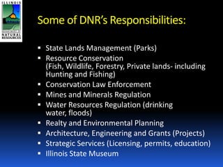 Some of DNR’s Responsibilities:
 State Lands Management (Parks)
 Resource Conservation








(Fish, Wildlife, F...