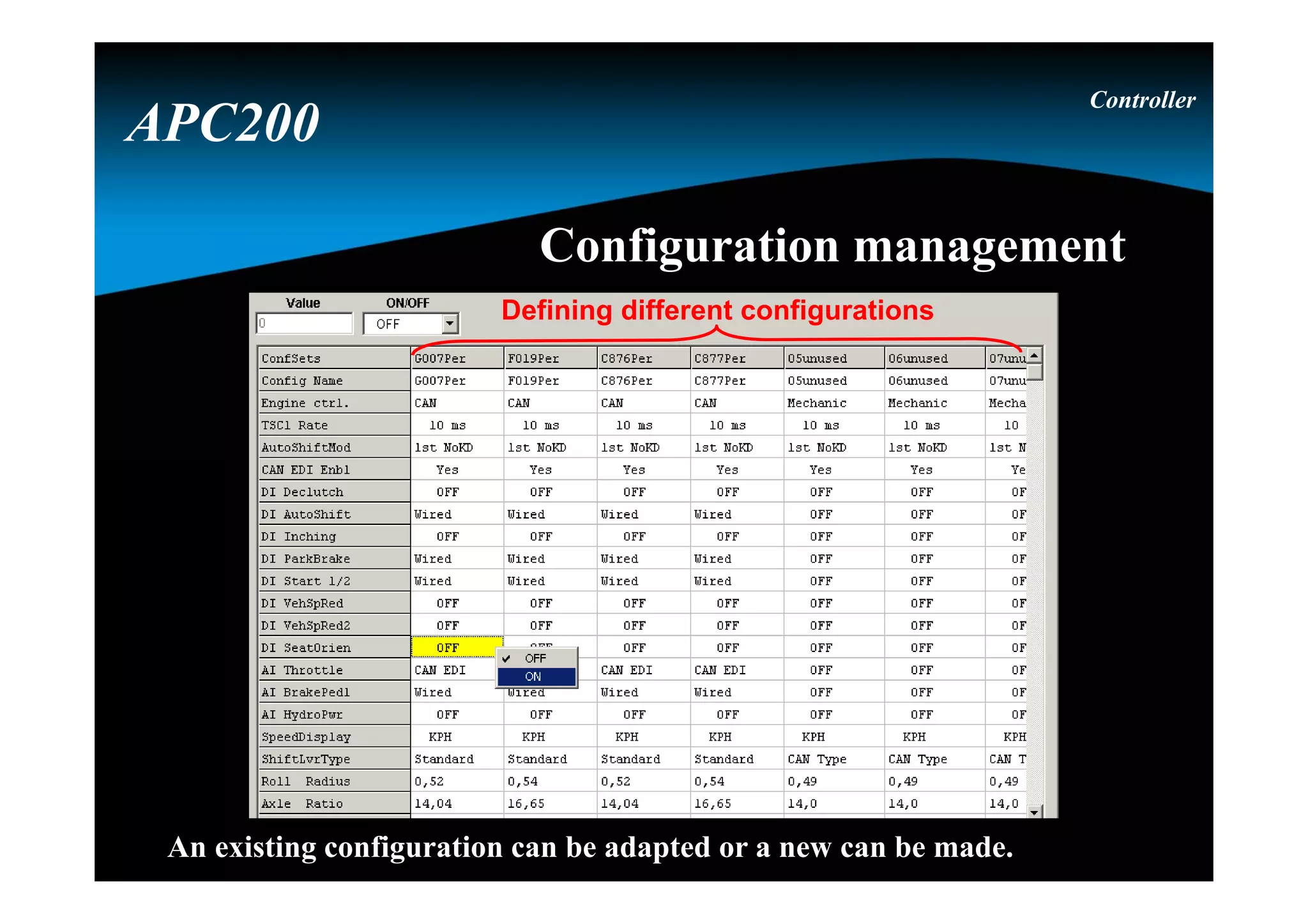 Defining different configurations
An existing configuration can be adapted or a new can be made.
Controller
APC200
Configuration management
 