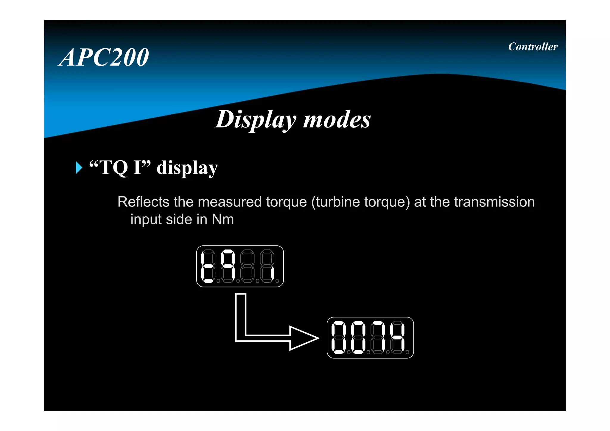 “TQ I” display
Reflects the measured torque (turbine torque) at the transmission
input side in Nm
Controller
APC200
Display modesDisplay modes
 