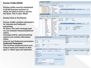 Partner Profile (WE20)
Partner profile must be maintained
in all the business partners to
whom we want to send or receive
the iDocs. The T-code: WE20
Double Click on the Partner
Partner profile contains parameters
for Inbound and Outbound
processing
Of iDocs. Foe each message type
we can maintain inbound/outbound
option,
message control, post processing
options and contact information
within
Inbound and Outbound parameters.
Outbound Parameters
This involves sender/receiver port,
Output mode and relation to iDoc
type i.e. Basic type and extension.
 
