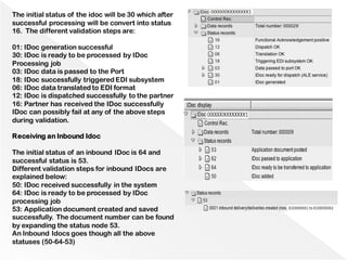 The initial status of the idoc will be 30 which after
successful processing will be convert into status
16. The different validation steps are:
01: IDoc generation successful
30: IDoc is ready to be processed by IDoc
Processing job
03: IDoc data is passed to the Port
18: IDoc successfully triggered EDI subsystem
06: IDoc data translated to EDI format
12: IDoc is dispatched successfully to the partner
16: Partner has received the IDoc successfully
IDoc can possibly fail at any of the above steps
during validation.
Receiving an Inbound Idoc
The initial status of an inbound IDoc is 64 and
successful status is 53.
Different validation steps for inbound IDocs are
explained below:
50: IDoc received successfully in the system
64: IDoc is ready to be processed by IDoc
processing job
53: Application document created and saved
successfully. The document number can be found
by expanding the status node 53.
An Inbound Idocs goes though all the above
statuses (50-64-53)
 