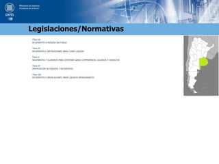 Título III
RECIPIENTES A PRESIÓN SIN FUEGO
Título IV
RECIPIENTES E INSTALACIONES PARA CLORO LIQUIDO
Título V
RECIPIENTES Y CILINDROS PARA CONTENER GASES COMPRIMIDOS, LICUADOS Y DISUELTOS
Título VI
IMPORTACIÓN DE EQUIPOS Y RECIPIENTES
Título VII
RECIPIENTES E INSTALACIONES PARA LÍQUIDOS REFRIGERANTES
Legislaciones/Normativas
 