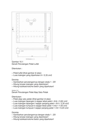 Gambar 10.1
Denah Penulangan Pelat Luifel
Ditentukan :
– Pelat luifel (lihat gambar di atas)
– Luas tulangan yang diperlukan A = 5,35 cm2
Diminta:
– Gambarkan penulangannya dengan skala 1 : 25!
– Hitung tonase tulangan yang diperlukan!
– Hitung kubikasi/volume beton yang diperlukan!
Gambar 10.2
Denah Penulangan Pelat Atap Satu Petak
Ditentukan:
– Pelat atap satu petak (lihat gambar di atas)
– Luas tulangan lapangan b sejajar lebat pelat = A lb = 5,82 cm2
– Luas tulangan lapangan l sejajar panjang pelat = A ll = 3,30 cm2
– Luas tulangan tumpuan b sejajar lebat pelat = A tb = 7,05 cm2
– Luas tulangan tumpuan l sejajar panjang pelat = A tl = 6,20 cm2
Diminta:
– Gambarkan penulangannya dengan skala 1 : 25!
– Hitung tonase tulangan yang diperlukan!
– Hitung kubikasi/volume beton yang diperlukan!
 