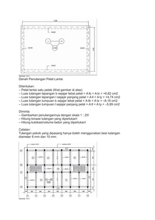 Gambar 10.3
Denah Penulangan Pelat Lantai
Ditentukan:
– Pelat lantai satu petak (lihat gambar di atas)
– Luas tulangan lapangan b sejajar lebat pelat = A lb = A lx = +6,82 cm2
– Luas tulangan lapangan l sejajar panjang pelat = A ll = A ly = +4,74 cm2
– Luas tulangan tumpuan b sejajar lebat pelat = A tb = A tx = –8,16 cm2
– Luas tulangan tumpuan l sejajar panjang pelat = A tl = A ty = –5,89 cm2
Diminta:
– Gambarkan penulangannya dengan skala 1 : 25!
– Hitung tonase tulangan yang diperlukan!
– Hitung kubikasi/volume beton yang diperlukan!
Catatan:
Tulangan pokok yang dipasang hanya boleh menggunakan besi tulangan
diameter 8 mm dan 10 mm.
Gambar 10.4
 
