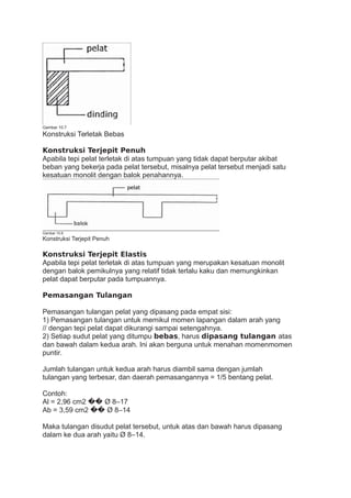 Gambar 10.7
Konstruksi Terletak Bebas
Konstruksi Terjepit Penuh
Apabila tepi pelat terletak di atas tumpuan yang tidak dapat berputar akibat
beban yang bekerja pada pelat tersebut, misalnya pelat tersebut menjadi satu
kesatuan monolit dengan balok penahannya.
Gambar 10.8
Konstruksi Terjepit Penuh
Konstruksi Terjepit Elastis
Apabila tepi pelat terletak di atas tumpuan yang merupakan kesatuan monolit
dengan balok pemikulnya yang relatif tidak terlalu kaku dan memungkinkan
pelat dapat berputar pada tumpuannya.
Pemasangan Tulangan
Pemasangan tulangan pelat yang dipasang pada empat sisi:
1) Pemasangan tulangan untuk memikul momen lapangan dalam arah yang
// dengan tepi pelat dapat dikurangi sampai setengahnya.
2) Setiap sudut pelat yang ditumpu bebas, harus dipasang tulangan atas
dan bawah dalam kedua arah. Ini akan berguna untuk menahan momenmomen
puntir.
Jumlah tulangan untuk kedua arah harus diambil sama dengan jumlah
tulangan yang terbesar, dan daerah pemasangannya = 1/5 bentang pelat.
Contoh:
Al = 2,96 cm2 �� Ø 8–17
Ab = 3,59 cm2 �� Ø 8–14
Maka tulangan disudut pelat tersebut, untuk atas dan bawah harus dipasang
dalam ke dua arah yaitu Ø 8–14.
 