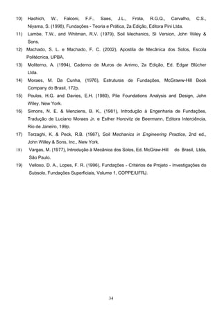34
10) Hachich, W., Falconi, F.F., Saes, J.L., Frota, R.G.Q., Carvalho, C.S.,
Niyama, S. (1998), Fundações - Teoria e Prática, 2a Edição, Editora Pini Ltda.
11) Lambe, T.W., and Whitman, R.V. (1979), Soil Mechanics, SI Version, John Wiley &
Sons.
12) Machado, S. L. e Machado, F. C. (2002), Apostila de Mecânica dos Solos, Escola
Politécnica, UPBA.
13) Moliterno, A. (1994), Caderno de Muros de Arrimo, 2a Edição, Ed. Edgar Blücher
Ltda.
14) Moraes, M. Da Cunha, (1976), Estruturas de Fundações, McGraww-Hill Book
Company do Brasil, 172p.
15) Poulos, H.G. and Davies, E.H. (1980), Pile Foundations Analysis and Design, John
Wiley, New York.
16) Simons, N. E. & Menziens, B. K., (1981), Introdução à Engenharia de Fundações,
Tradução de Luciano Moraes Jr. e Esther Horovitz de Beermann, Editora Interciência,
Rio de Janeiro, 199p.
17) Terzaghi, K. & Peck, R.B. (1967), Soil Mechanics in Engineering Practice, 2nd ed.,
John Willey & Sons, Inc., New York.
18) Vargas, M. (1977), Introdução à Mecânica dos Solos, Ed. McGraw-Hill do Brasil, Ltda,
São Paulo.
19) Velloso, D. A., Lopes, F. R. (1996), Fundações - Critérios de Projeto - Investigações do
Subsolo, Fundações Superficiais, Volume 1, COPPE/UFRJ.
 
