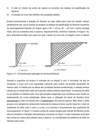 7
ii) O solo no interior da cunha de ruptura se encontra nos estados de plastificação de
Rankine.
iii) A inserção do muro não interfere nos resultados obtidos.
Embora teoricamente a solução de Rankine só seja válida para muro de parede vertical,
perfeitamente lisa, que é quando se atingem os estados de plastificação de Rankine (superfície
de escorregamento fazendo um ângulo igual a 45° + φ/2 ou 45° - φ/2 com o plano principal
maior, para as condições ativa e passiva, respectivamente, conforme mostrado na Figura 1.4),
ela é estendida também aos casos em que o tardoz do muro faz um ângulo β com a vertical.
Figura 1.4 – Condições para aplicação da Teoria de Rankine.
Quando a superfície do terreno é inclinada de um ângulo β com a horizontal, há que se
considerar o muro com uma rugosidade suficiente para inclinar as tensões resultantes do
mesmo valor. À medida que se afasta das condições teóricas fundamentais, o método fornece
valores que se distanciam cada vez mais dos valores práticos observados. A presença do atrito
ou de adesão na interface solo–muro gera tensões tangenciais que contribuem para resistir ao
deslocamento da cunha plastificada. Neste caso, a utilização da teoria de Rankine torna
sobrestimado o valor do empuxo ativo e subestimado o do empuxo passivo. Além disso, o atrito
propicia uma redução da componente horizontal do empuxo (menor quanto maior for o valor do
coeficiente de atrito entre o solo e o muro, δ) e provoca o encurvamento das superfícies de
escorregamento. A Figura 1.4 mostra cunhas de ruptura obtidas pelo método de Rankine (onde
não se considera a interação solo-estrutura), enquanto na Figura 1.5 são mostradas as formas
das cunhas de ruptura dos estados ativo e passivo, na consideração da existência do atrito na
interface solo–muro.
 