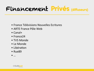 Financement Privés (diffuseurs)
	
  
•	
  France	
  Télévisions	
  Nouvelles	
  Ecritures	
  
•	
  ARTE	
  France	
  Pôle	
  Web	
  
•	
  Canal+	
  
•	
  France24	
  
•	
  TV5	
  Monde	
  
•	
  Le	
  Monde	
  
•	
  LibéraBon	
  
•	
  Rue89	
  
•	
  …	
  
 