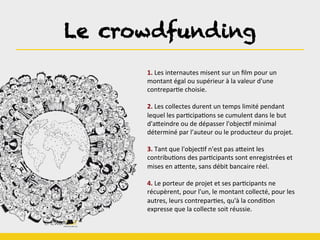 Le crowdfunding	
  
1.	
  Les	
  internautes	
  misent	
  sur	
  un	
  ﬁlm	
  pour	
  un	
  
montant	
  égal	
  ou	
  supérieur	
  à	
  la	
  valeur	
  d'une	
  
contreparBe	
  choisie.	
  
	
  
2.	
  Les	
  collectes	
  durent	
  un	
  temps	
  limité	
  pendant	
  
lequel	
  les	
  parBcipaBons	
  se	
  cumulent	
  dans	
  le	
  but	
  
d'aLeindre	
  ou	
  de	
  dépasser	
  l'objecBf	
  minimal	
  
déterminé	
  par	
  l’auteur	
  ou	
  le	
  producteur	
  du	
  projet.	
  
	
  
3.	
  Tant	
  que	
  l'objecBf	
  n'est	
  pas	
  aLeint	
  les	
  
contribuBons	
  des	
  parBcipants	
  sont	
  enregistrées	
  et	
  
mises	
  en	
  aLente,	
  sans	
  débit	
  bancaire	
  réel.	
  
	
  
4.	
  Le	
  porteur	
  de	
  projet	
  et	
  ses	
  parBcipants	
  ne	
  
récupèrent,	
  pour	
  l'un,	
  le	
  montant	
  collecté,	
  pour	
  les	
  
autres,	
  leurs	
  contreparBes,	
  qu'à	
  la	
  condiBon	
  
expresse	
  que	
  la	
  collecte	
  soit	
  réussie.	
  
 