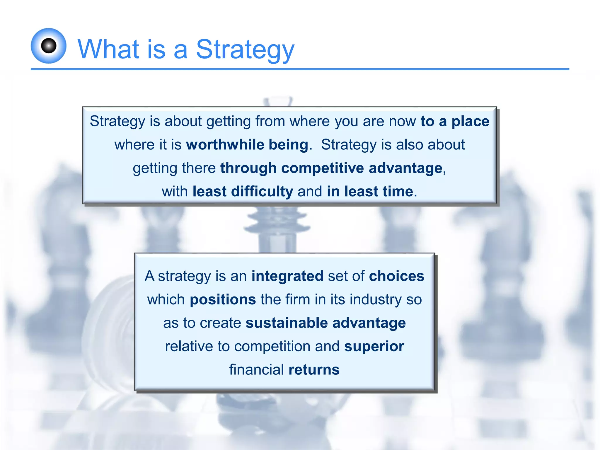Strictly Confidential November 2016 Slide 3
What is a Strategy
Strategy is about getting from where you are now to a place
where it is worthwhile being. Strategy is also about
getting there through competitive advantage,
with least difficulty and in least time.
A strategy is an integrated set of choices
which positions the firm in its industry so
as to create sustainable advantage
relative to competition and superior
financial returns
 