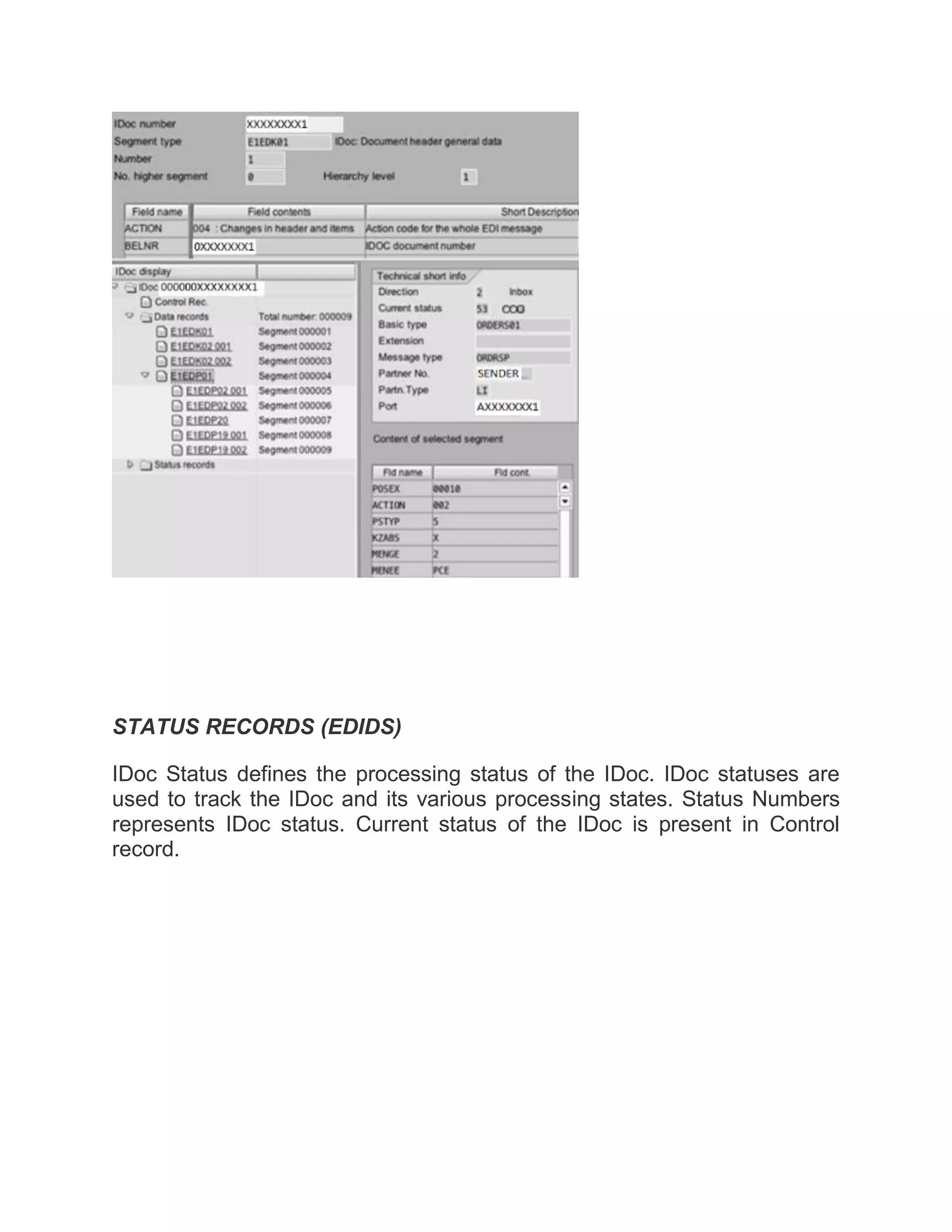 STATUS RECORDS (EDIDS)
IDoc Status defines the processing status of the IDoc. IDoc statuses are
used to track the IDoc and its various processing states. Status Numbers
represents IDoc status. Current status of the IDoc is present in Control
record.
 