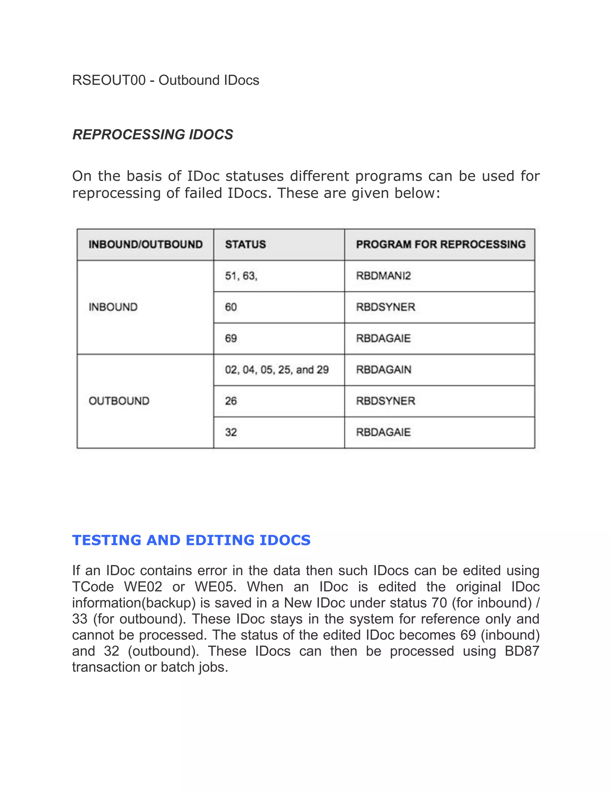 RSEOUT00 - Outbound IDocs
REPROCESSING IDOCS
On the basis of IDoc statuses different programs can be used for
reprocessing of failed IDocs. These are given below:
TESTING AND EDITING IDOCS
If an IDoc contains error in the data then such IDocs can be edited using
TCode WE02 or WE05. When an IDoc is edited the original IDoc
information(backup) is saved in a New IDoc under status 70 (for inbound) /
33 (for outbound). These IDoc stays in the system for reference only and
cannot be processed. The status of the edited IDoc becomes 69 (inbound)
and 32 (outbound). These IDocs can then be processed using BD87
transaction or batch jobs.
 