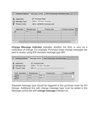 Change Message Indicator indicates whether the IDoc is sent as a
notification of change. For example, Purchase Order change messages are
sent to vendor using EDI standard message type 860.
Separate message type should be triggered in the purchase order for PO
change. Additional line with change message type must be added in the
Message control tab with change message indicator on.
 