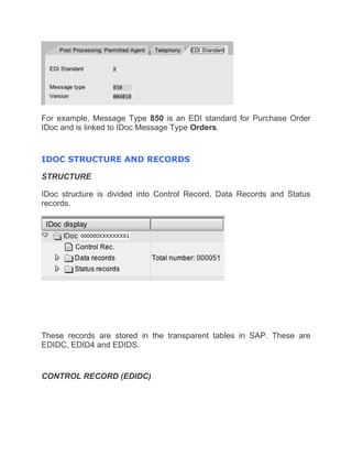 For example, Message Type 850 is an EDI standard for Purchase Order
IDoc and is linked to IDoc Message Type Orders.
IDOC STRUCTURE AND RECORDS
STRUCTURE
IDoc structure is divided into Control Record, Data Records and Status
records.
These records are stored in the transparent tables in SAP. These are
EDIDC, EDID4 and EDIDS.
CONTROL RECORD (EDIDC)
 