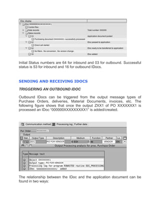 Initial Status numbers are 64 for inbound and 03 for outbound. Successful
status is 53 for inbound and 16 for outbound IDocs.
SENDING AND RECEIVING IDOCS
TRIGGERING AN OUTBOUND IDOC
Outbound IDocs can be triggered from the output message types of
Purchase Orders, deliveries, Material Documents, invoices, etc. The
following figure shows that once the output ZXX1 of PO XXXXXXX1 is
processed an IDoc “000000XXXXXXXXX1” is added/created.
The relationship between the IDoc and the application document can be
found in two ways:
 
