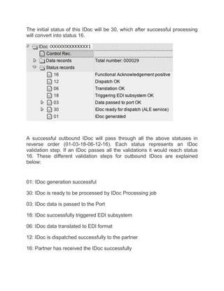 The initial status of this IDoc will be 30, which after successful processing
will convert into status 16.
A successful outbound IDoc will pass through all the above statuses in
reverse order (01-03-18-06-12-16). Each status represents an IDoc
validation step. If an IDoc passes all the validations it would reach status
16. These different validation steps for outbound IDocs are explained
below:
01: IDoc generation successful
30: IDoc is ready to be processed by IDoc Processing job
03: IDoc data is passed to the Port
18: IDoc successfully triggered EDI subsystem
06: IDoc data translated to EDI format
12: IDoc is dispatched successfully to the partner
16: Partner has received the IDoc successfully
 